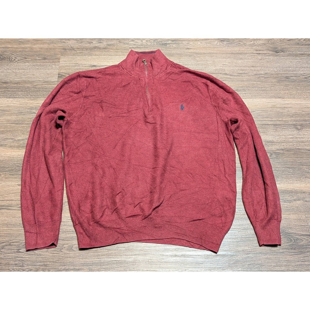 Polo Ralph Lauren Mens Large Burgundy Red Pima Cotton Quarter Zip Sweater Logo